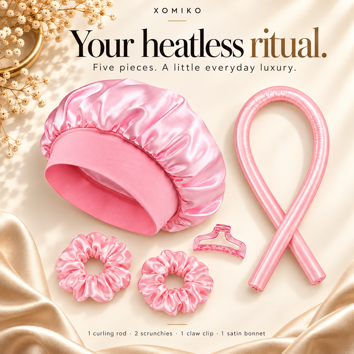 Xomiko Heatless Curling Set — Overnight Curls with Satin Sleeping Cap