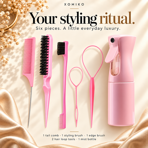Xomiko six-piece hair styling kit — mist bottle, combs, brushes and loop threading tools