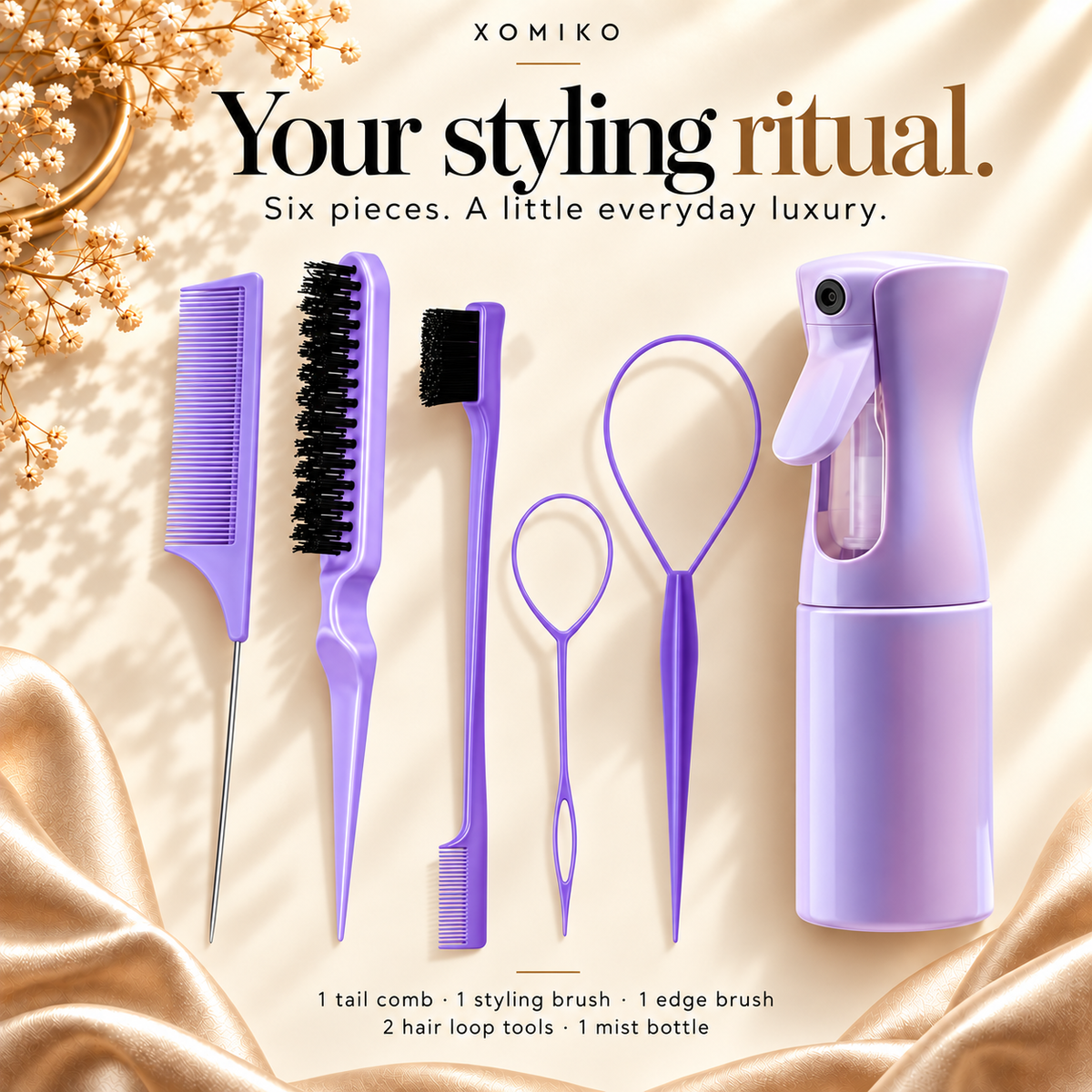Xomiko Complete Styling Kit — Six Pieces with Mist Bottle and Loop Tools