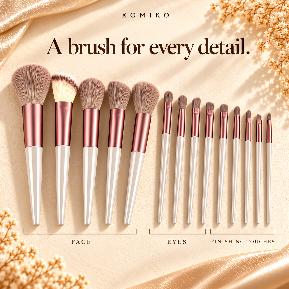 Xomiko Makeup Brush Set — 13 Brushes with Sponge and Travel Bag