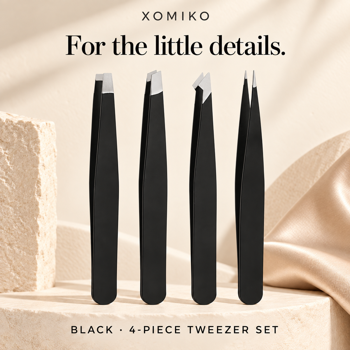 Xomiko Tweezer Set — Four Steel Tips for Brows and Strays