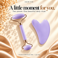 Xomiko purple face roller and gua sha set — two-size facial roller and heart-shaped scraping board