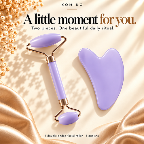 Xomiko purple face roller and gua sha set — two-size facial roller and heart-shaped scraping board