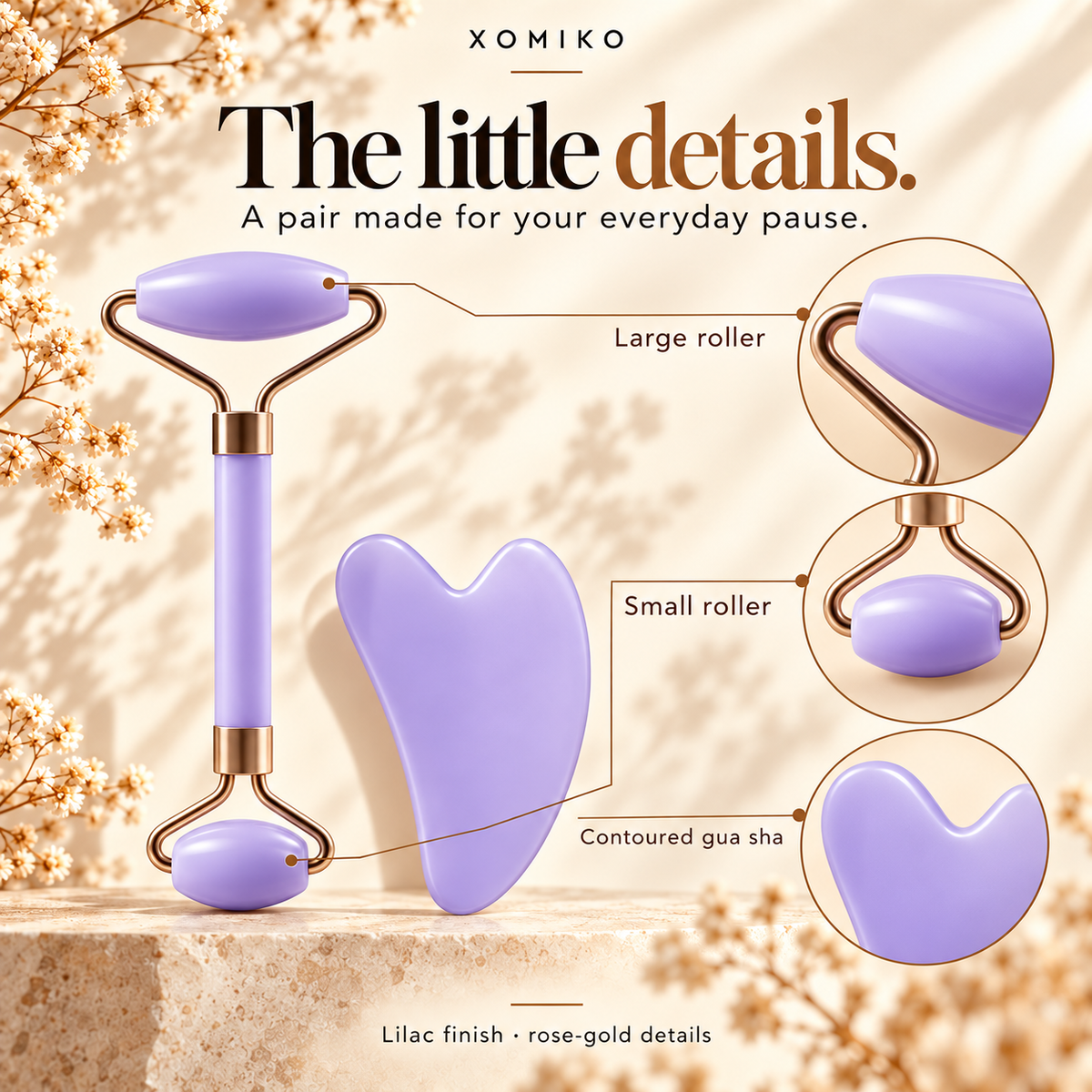 Xomiko Face Roller & Gua Sha Set — Two-Size Roller and Heart Board