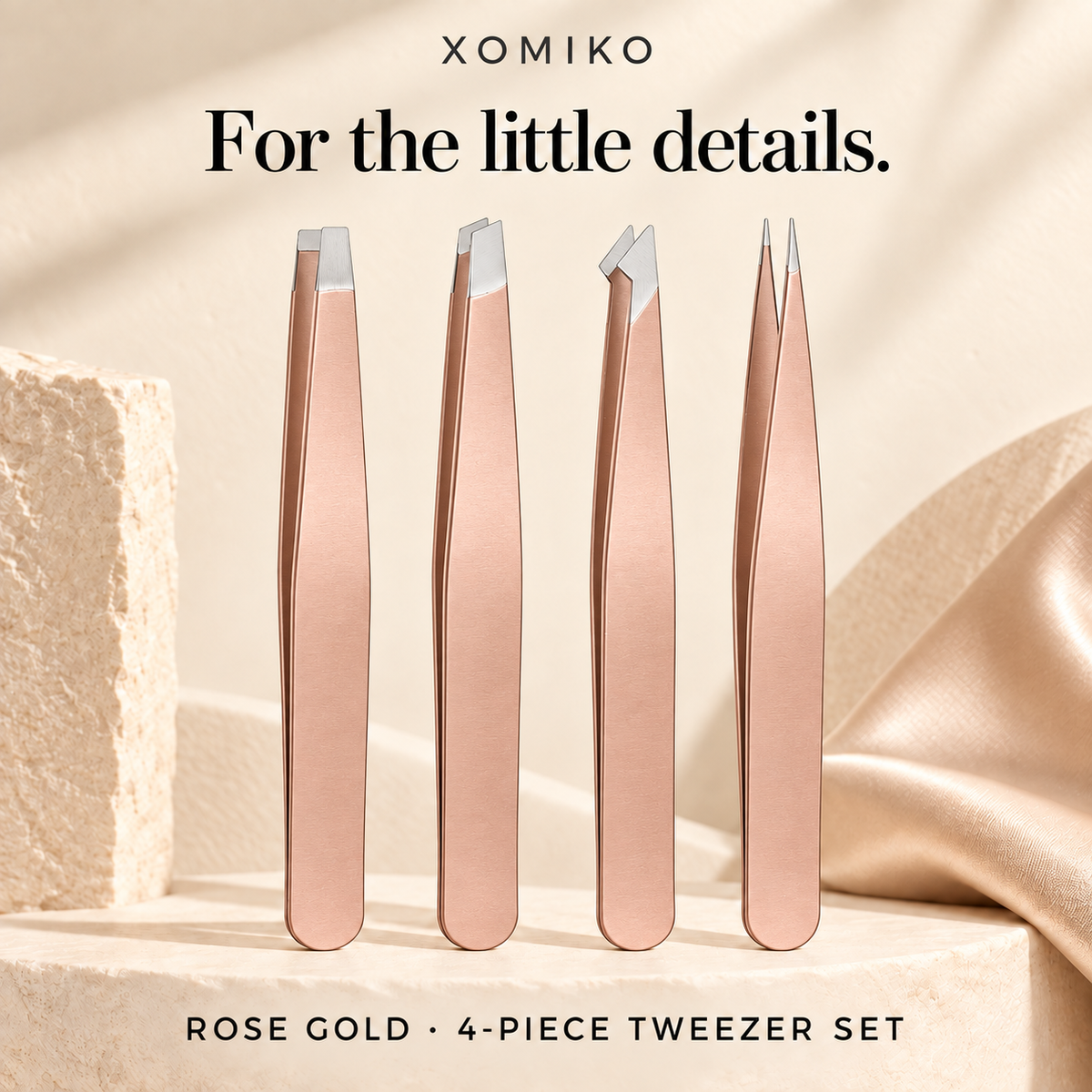 Xomiko Tweezer Set — Four Steel Tips for Brows and Strays