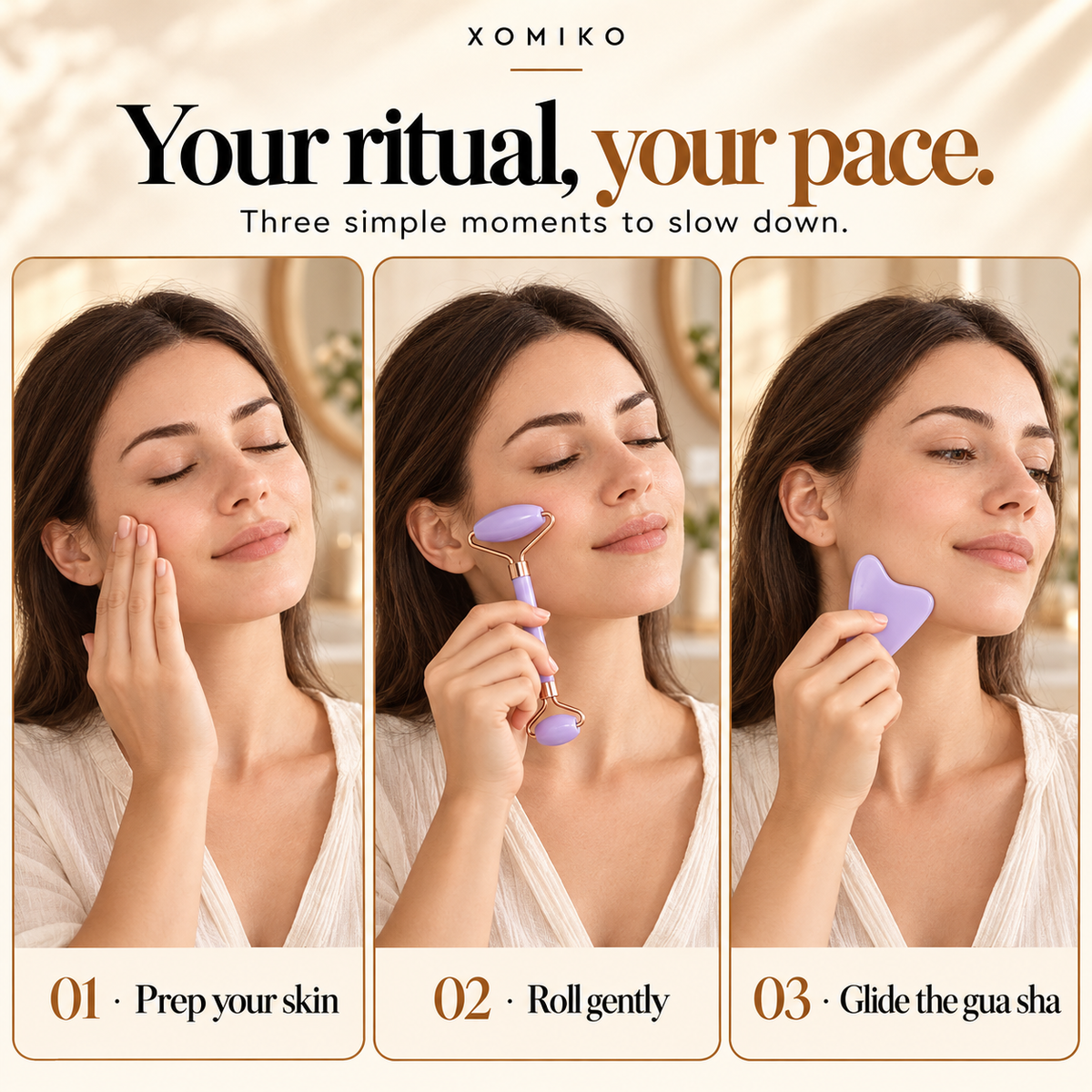 Xomiko Face Roller & Gua Sha Set — Two-Size Roller and Heart Board