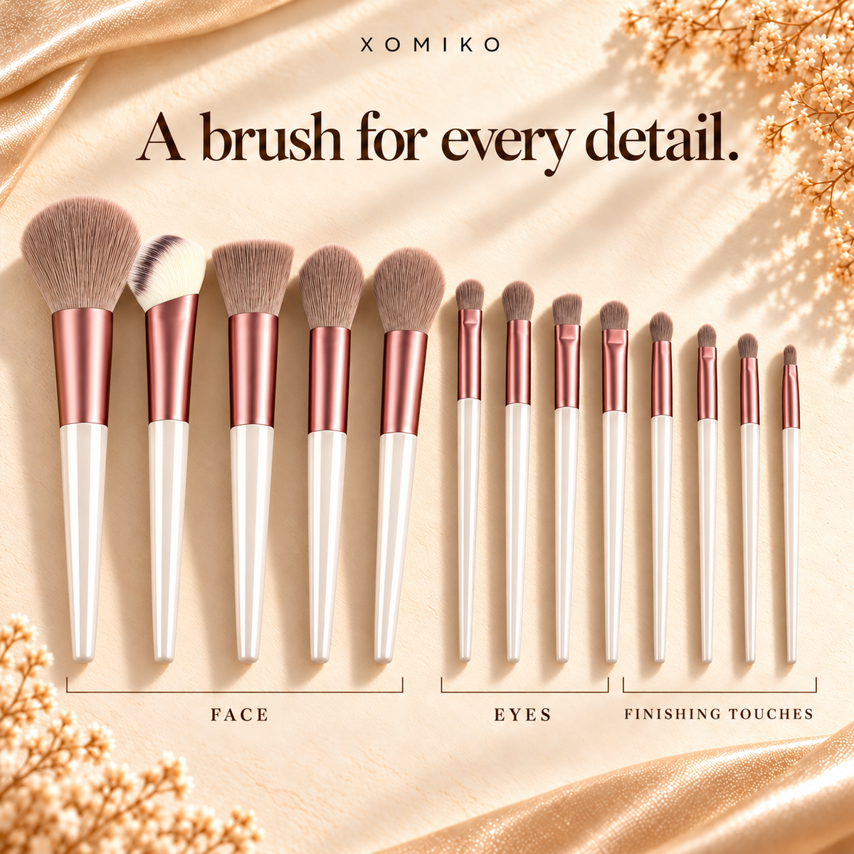Xomiko Makeup Brush Set — 13 Brushes with Sponge and Travel Bag