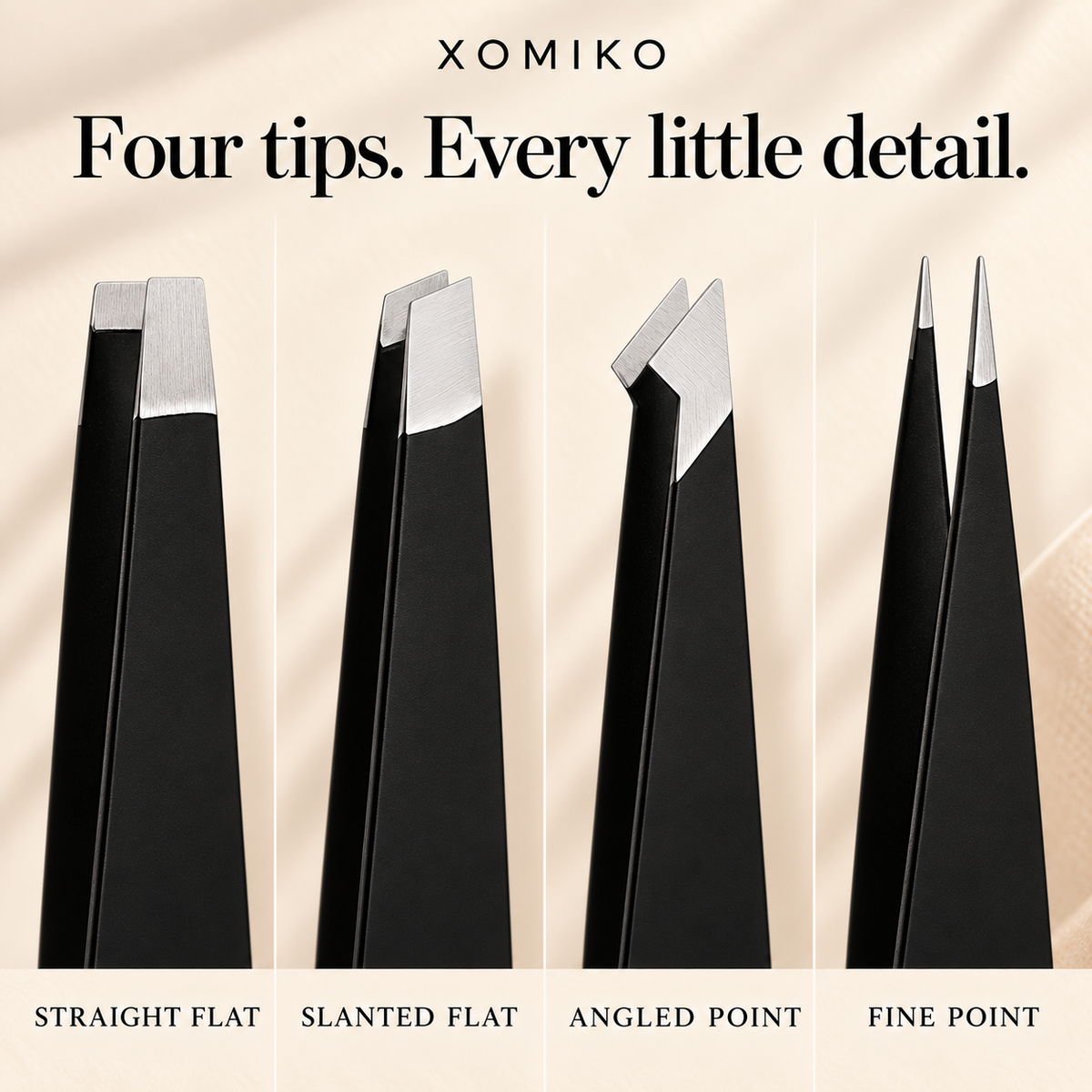 Xomiko Tweezer Set — Four Steel Tips for Brows and Strays