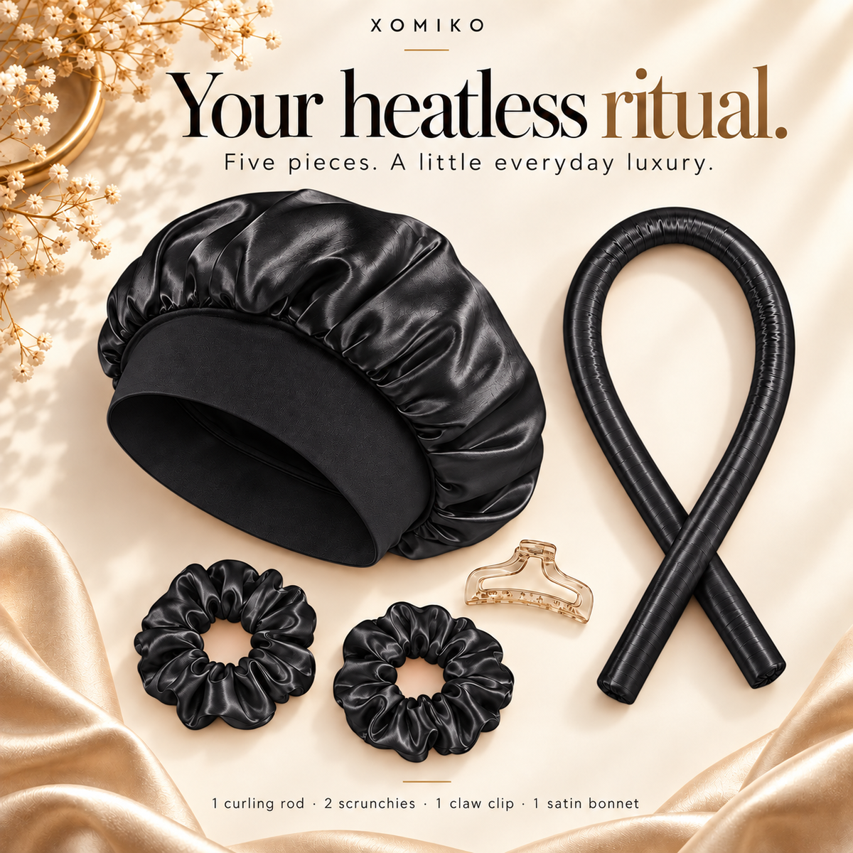 Xomiko heatless curling set in black — satin curling rod and matching sleeping cap