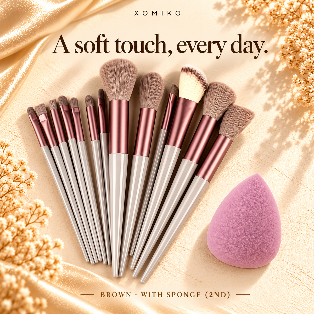 Xomiko Makeup Brush Set — 13 Brushes with Sponge and Travel Bag