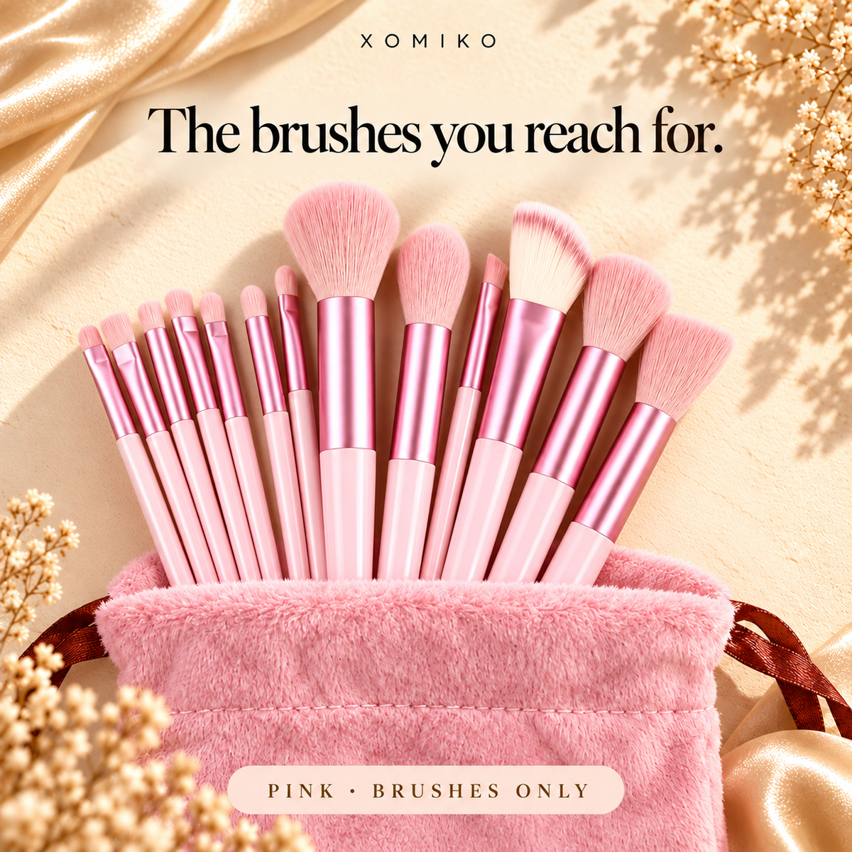 Xomiko Makeup Brush Set — 13 Brushes with Sponge and Travel Bag
