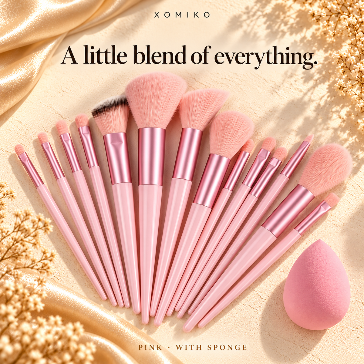 Xomiko Makeup Brush Set — 13 Brushes with Sponge and Travel Bag