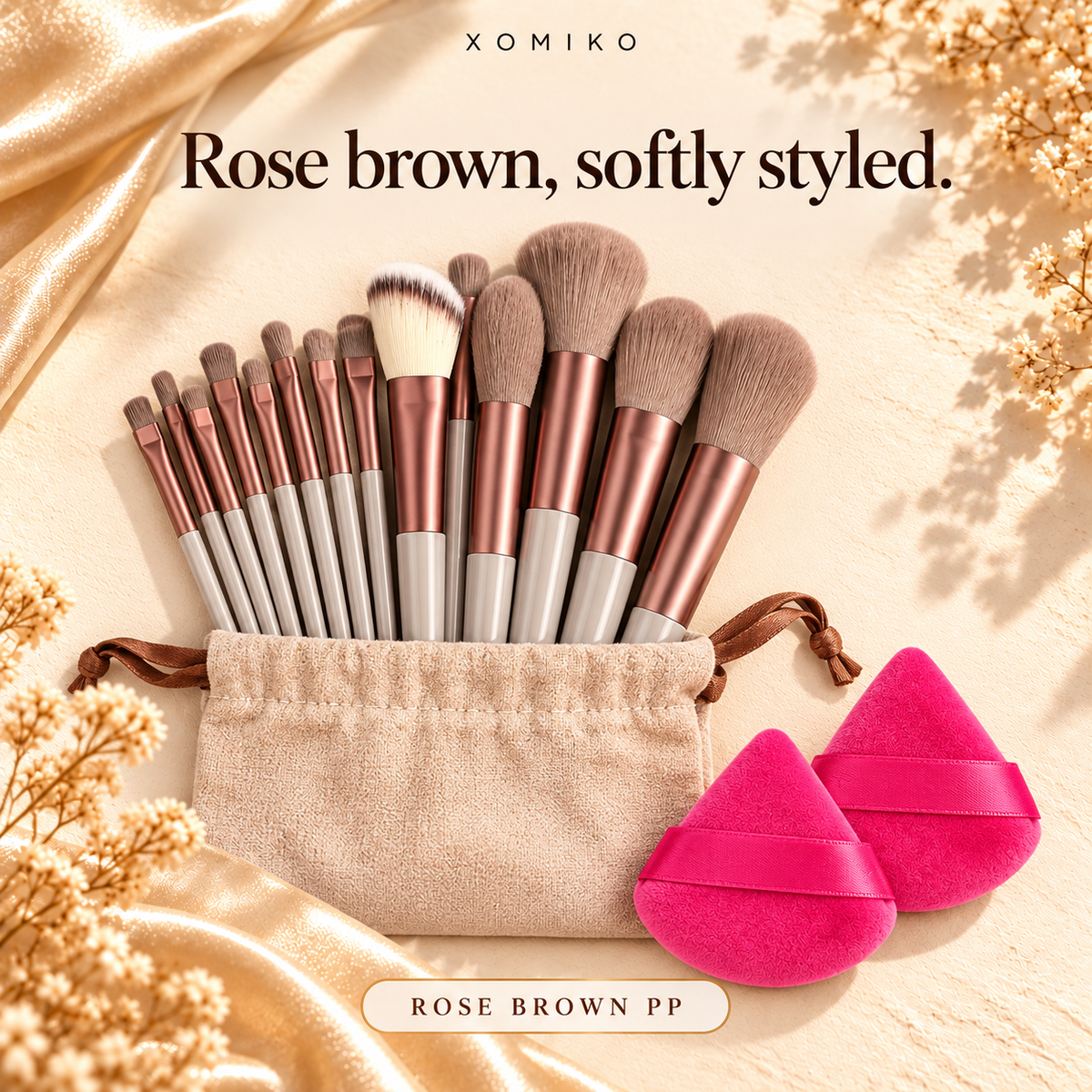 Xomiko Makeup Brush Set — 13 Brushes with Sponge and Travel Bag